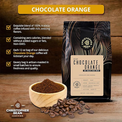 Christopher Bean Coffee - Certified Kosher - Decaf Ground Universal Drip Chocolate Orange Flavored Coffee with Medium Roast | Chocolate Orange Coffee No Sugar with 100% Arabica, No Fats, Non-GMO | 10-Ounce