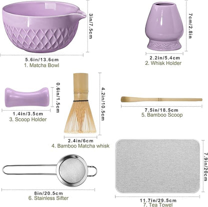 Matcha Whisk Set, 7 Pcs Matcha Kit, Ceramic Matcha Set Includes Matcha Bowl with Spout, Matcha Whisk and Holder, Bamboo Scoop, Scoop Rest, Sifter and Tea Towel (Royal Purple)
