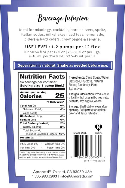 Amoretti - Blueberry Beverage Infusion Drink Mix & Water Enhancer with Pump for Flavoring Cocktails, Waters, Teas, and other Beverages, 94 Servings Per Bottle (750 ml), Preservative Free