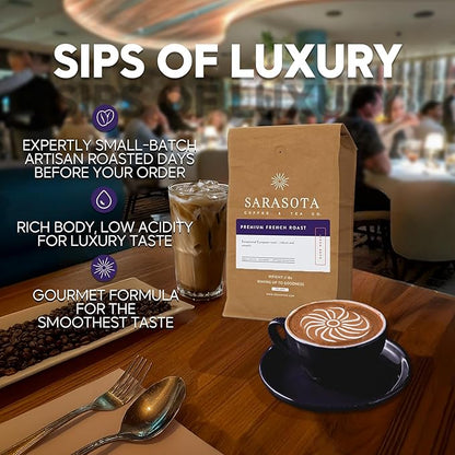 Sarasota Coffee Ground Cubano European French Roast | Dark Roast Gourmet Coffee Grounds | Low Acid, Mold Free, Specialty Grade Bulk Ground Coffee | 5lb (80 oz)