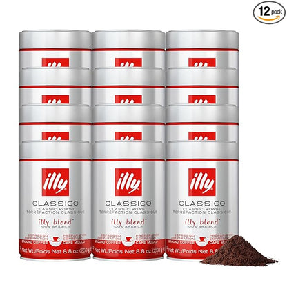 Illy Ground Espresso Coffee, Classico Medium Roast - Mild & Balanced - 100% Arabica - Pre-Ground for Espresso - Pressurized Packaging Sealed for Freshness - 8.8oz (Pack of 12)
