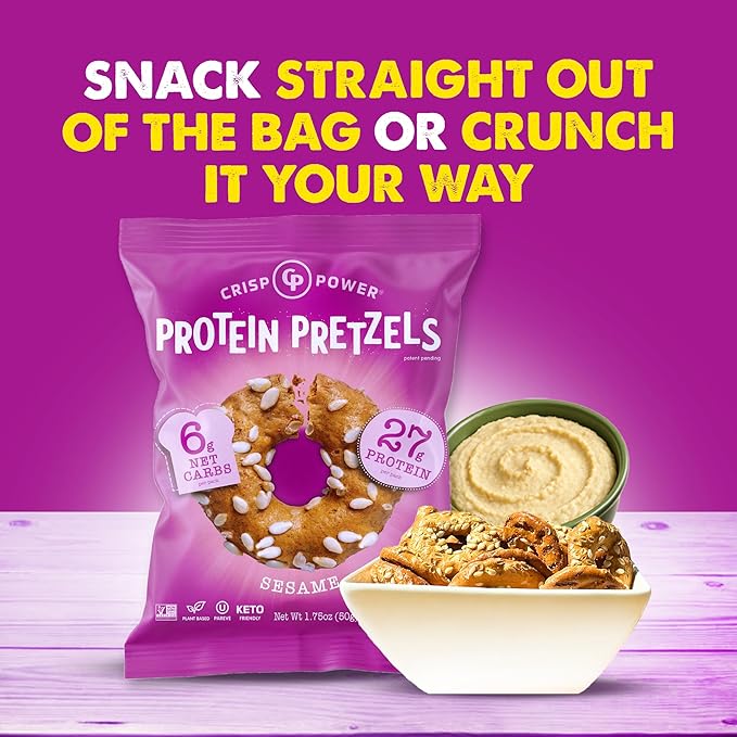 Crisp Power Protein Pretzels, Variety Pack With Sea Salt, Sesame, & Everything, Vegan Keto Snack, Plant Based Protein, Low Carb Crunchy Pretzel Snacks, No Added Sugar, No Seed Oils, 1.75 Oz Bags, 24 Pack