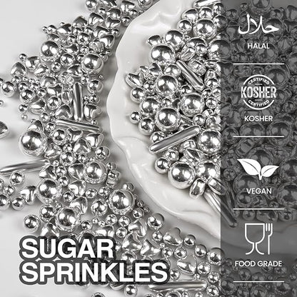 Silver Pearl Rods Heart Sprinkles, Baking Sugar, Silver Sprinkles for Cake, Mix Size, Cupcake Decoration, Holiday, Mother's Day, Wedding Party Supplies