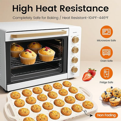 Muffin Pans With Metal Reinforced Frame - 24 Cups Durable Silicone Baking Pan for Muffins, Cupcakes, BPA Free and Dishwasher Safe - Beige with Rainbow Spots, Set of 2
