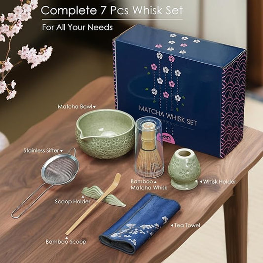 7Pcs Matcha Whisk Set, Ceramic Matcha Bowl with Spout,Bamboo Whisk and Holder, Bamboo Scoop,Scoop Rest,Sifter and Tea Towel,Matcha Kit w/Cherry Blossom Carved Pattern (Mottled Green)