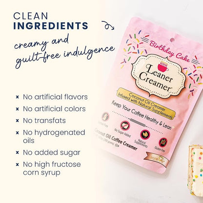 Leaner Creamer Coconut Creamer with Superfood Ingredients – Non-Dairy, Sugar-Free, Keto, Gluten-Free Powdered Coffee Creamer – Birthday Cake – 280g