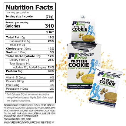Performance Inspired Nutrition Protein Cookie - Contains: BIG 15G Isolate Proteins - 7G Of Fiber - All Natural - Gluten Free - No Artificial Ingredients - Peanut Butter Flavor - 12 Count