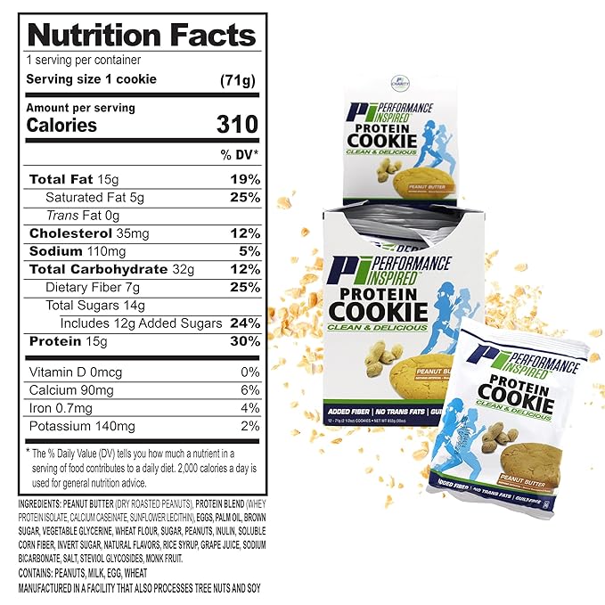 Performance Inspired Nutrition Mixed Protein Cookie Box – 12 Pack – 6 Chocolate Chip & 6 Peanut Butter – 14-15G Protein, 6-7G Fiber – All-Natural, No Sugar Alcohols