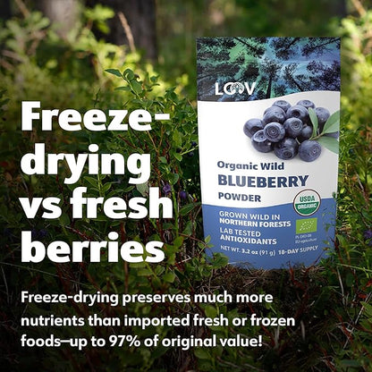 LOOV Organic Wild Blueberry Powder - 15-Day Supply, 3.2 Oz, Good for Smoothie & Breakfast, Freeze-Dried, from Northern Europe, No Added Sugar