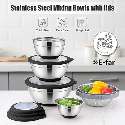 E-far Mixing Bowls with Lids Set, 15PCS Stainless Steel Mixing Nesting Bowl with Colander & 3 Metal Grater for Kitchen Prep/Baking/Storage, Non-Slip Bottom & Airtight Lid, 4.6, 3, 1.5, 1, 0.7QT, Black
