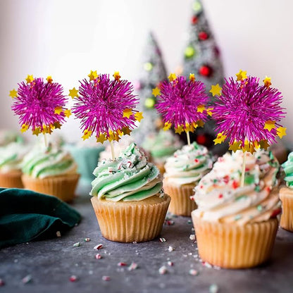 Ephlyn 30Pcs Foil Firework Cupcake Toppers Party Birthday Cake Toppers Supplies Sparkle Tinsel Cocktail Fruit Toothpick for Birthday Wedding Graduation Party Purple