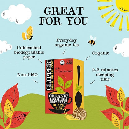 Clipper Tea, English Breakfast, Fairtrade, Organic, Plant-Based, Caffeinated British Tea, 6 Pack, 120 Unbleached Tea Bags