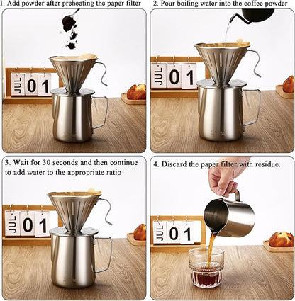 Pour Over Coffee Maker Set, 304 Stainless Steel wIth 100 pcs Size 02 Cone Paper Filters & 600ml Milk Frothing Pitcher, for Home & Camping