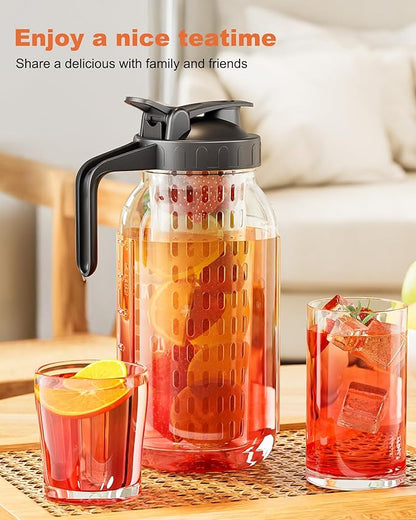 64oz Glass Pitcher with Fruit Infuser, 2 Quart Wide Mouth Mason Jar Pitcher with Airtight Flip Top Lid, Leakproof Fridge Door Water Jug for Iced Sun Tea, Juice Making - Black
