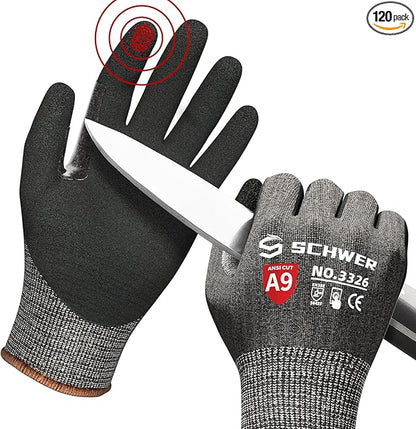 Schwer ProGuard Highest Level Cut Resistant Work Gloves PR3326 for Extreme Protection，ANSI A9 Cut Gloves with Reinforced Thumb, Non Slip, Non PFAS, Durable, Touch-screen, Black 120 Pairs, L