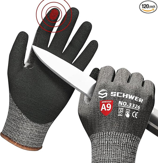 Schwer ProGuard Highest Level Cut Resistant Work Gloves PR3326 for Extreme Protection，ANSI A9 Cut Gloves with Reinforced Thumb, Non Slip, Non PFAS, Durable, Touch-screen, Black 120 Pairs, L
