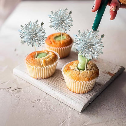 Ephlyn 30Pcs Foil Firework Cupcake Toppers Party Birthday Cake Toppers Supplies Sparkle Tinsel Cocktail Fruit Toothpick for Birthday Wedding Graduation Party Silver