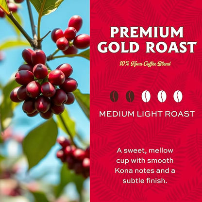 Lion Coffee Premium Gold Roast Whole Bean Coffee, 10% Kona Blend, Medium-Light Roast, A Taste of Aloha - 24 Ounce Bag