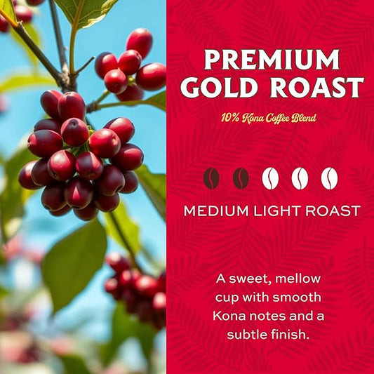 Lion Coffee Premium Gold Roast Whole Bean Coffee, 10% Kona Blend, Medium-Light Roast, A Taste of Aloha - 24 Ounce Bag