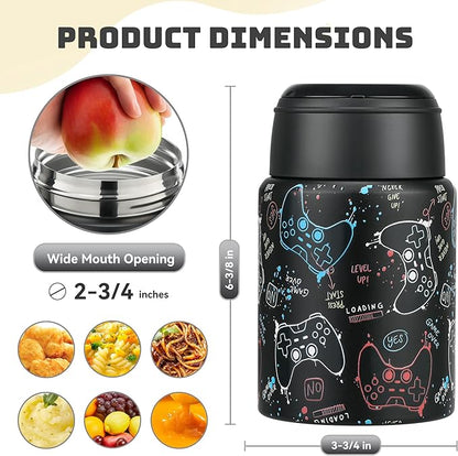 Soup Thermo for Hot Food Kids 16oz Insulated Food Jar Leakproof Thermo Lunch Container for Kids Wide-Mouth Stainless Steel Lunch Box for School with Handle Folding Spoon(3+)