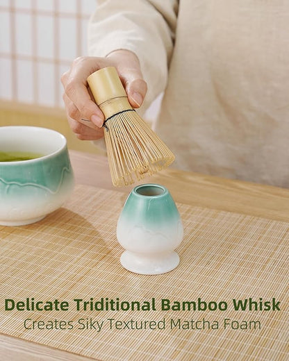 ZENS Matcha Whisk Set, Ceramic Matcha Set Includes Matcha Bowl, Matcha Whisk and Holder, Bamboo Scoop, Stainless Sifter & Tea Towel - 6Pcs Matcha Kit for Matcha Ceremony, Blue