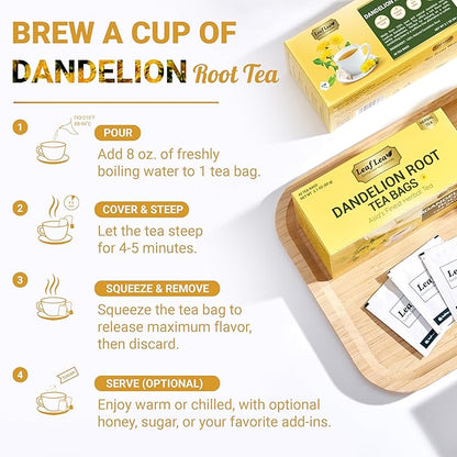 LeafLea Dandelion Root Tea Bags, 240 Count, Natural Dandelion Root Herbal Tea Blend, Supports Digestive and Immune Health, Caffeine-Free, Sugar-Free, Vegan, Gluten-Free, Pack of 6