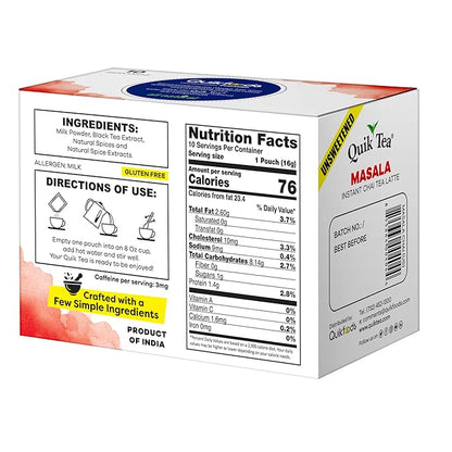 QuikTea Unsweetened Masala Chai Tea Latte - 10 Count Single Box - All Natural Preservative Free Authentic Chai