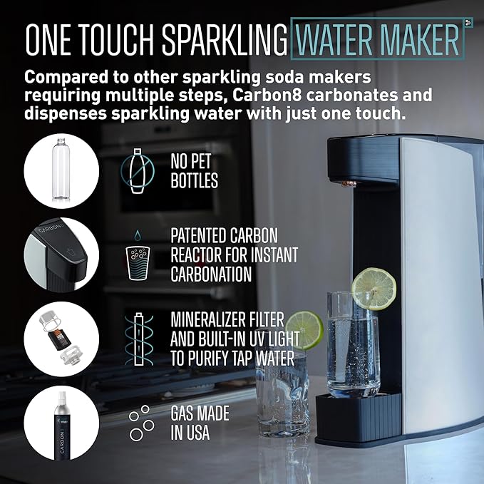 Carbon8 Home Soda Streaming Machine, Carbonator with Screw-In CO2 Cylinder, Countertop Water Mineralizer, Filtration & Purification System, Sparkling Seltzer Water Maker, BPA-Free