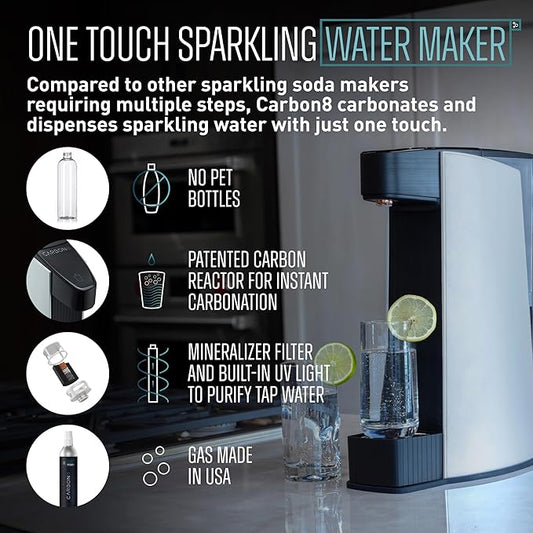 Carbon8 Home Soda Streaming Machine, Carbonator with Screw-In CO2 Cylinder, Countertop Water Mineralizer, Filtration & Purification System, Sparkling Seltzer Water Maker, BPA-Free