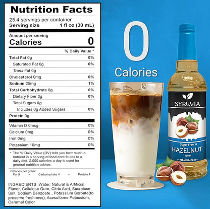 Syruvia Sugar Free Coffee Syrup, Hazelnut Flavored Syrup for Drinks, Lattes, and Desserts – 25.4 fl oz, With Pump