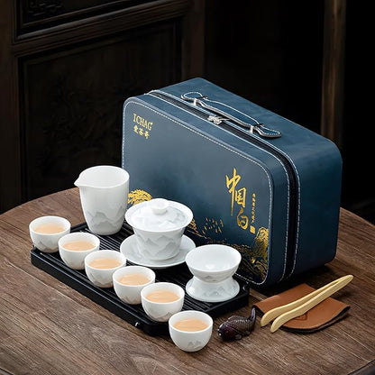 ICHAG Chinese Tea Set, Gongfu Tea Sets for Adults, China Gaiwan Teaset, 14-Piece Yangzhi Jade (茶具) Porcelain Set with Suspended Gaiwan & Tea Pet, Portable Travel Teaset for Home, Outdoor, Office Gifts