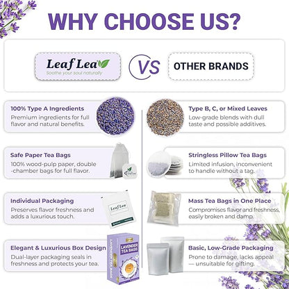 LeafLea 80 Premium Lavender Tea Bags, 100% Natural & Pure from Lavender Flowers, Nighttime Comfort & Digestive Support, Floral Aroma and Smooth Taste, Caffeine-Free, Sugar-Free, Individually Wrapped