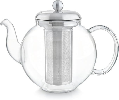Teabloom Heritage Borosilicate Glass Teapot – 40 oz Classic Round Design with Stainless Steel Infuser – Stovetop Safe, Drip-Free Spout, Durable Heat-Resistant Tea Kettle for Loose Leaf or Teabags