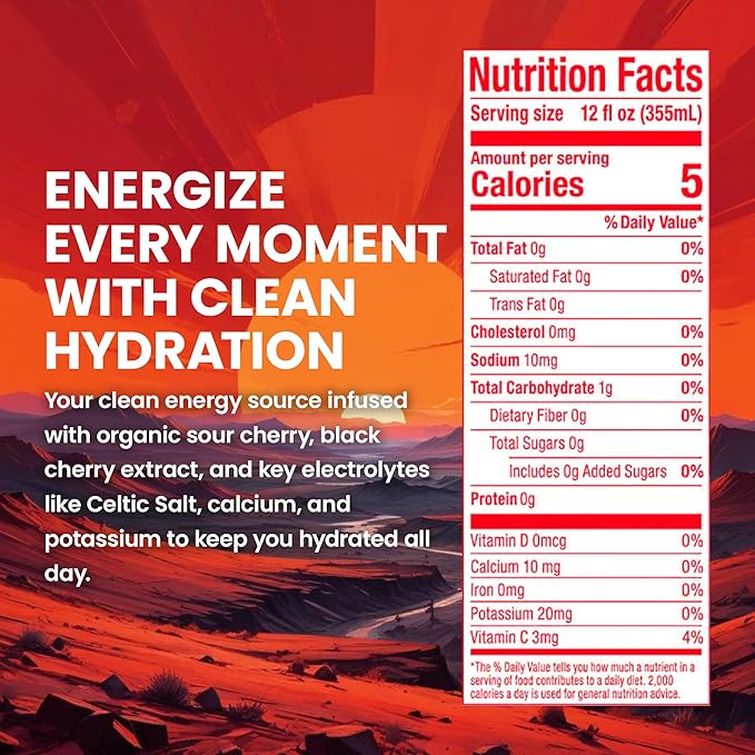 JUNO HYDRATION Organic Cherry Sparkling Drink - Sugar Free Electrolytes Organic Monk Fruit, Sour Cherry Juice, Black Cherry Extract and Hydrating with Celtic Salt, Potassium, Calcium - Premium Refreshing Beverage, 12 Pack