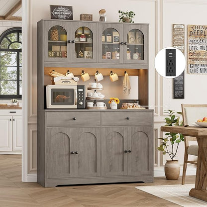 HIFIT 71" LED Kitchen Pantry Cabinet with Power Outlet, Large Kitchen Hutch Storage Cabinet with Arched Door, Shelves, 2 Drawer, Tall Farmhouse Coffee Bar w/Hutch for Home Dining Living Room, Ash Grey