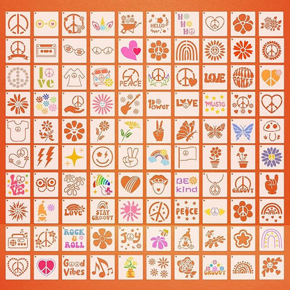 Fainne 100 Pcs Stencils for Painting on Wood Reusable Stencil Crafts Drawing Templates Holiday Wall Paper for DIY Scrapbook Home 2 x 2 Inch (Groovy Party)