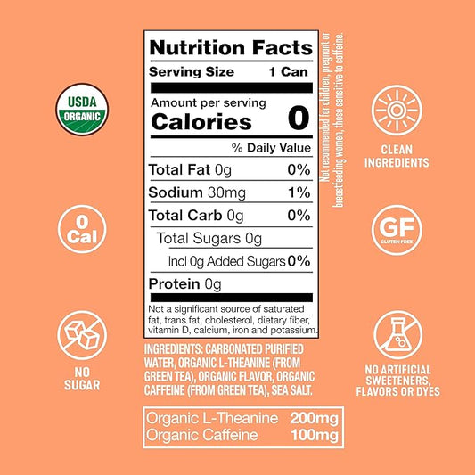 ARDOR ENERGY Sparkling Water with 100mg Natural Caffeine & 200mg L-Theanine from Organic Green Tea for Smooth Energy & Focus | Healthy Energy Drink | No Sugar, Zero Calories, Vegan, Gluten-Free | White Peach (Pack of 12, 12oz cans)