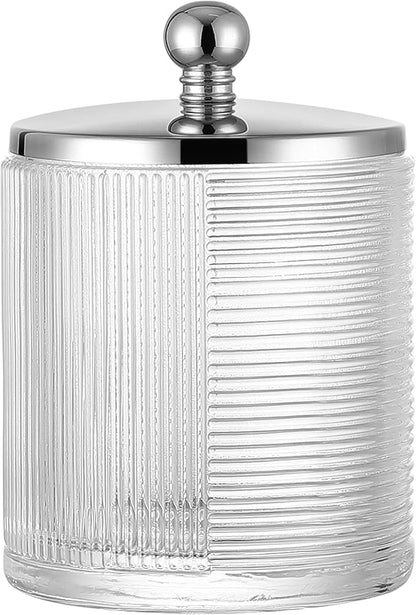 Glass Cotton Jar Holder Silver Lid, Elegant Bathroom Storage Canister for Qtips, Cotton Balls, Floss, Makeup Organizer, Vanity Bathroom Organization