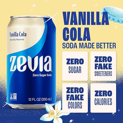 Zevia Zero Sugar Soda, Vanilla Cola, 12 oz Cans (24-Pack) – Naturally Sweetened, Non-GMO Project Verified, Gluten-Free, Vegan