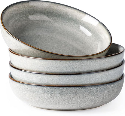 GBHOME 9'' Large Ceramic Pasta Bowls, 38oz Stoneware Pasta Serving Bowls Set of 4 for Kitchen, Wide Bowls for Fruit,Pasta,Salad,Oatmeal,Meal, Microwave Safe, Reactive Glaze-Green Wheat