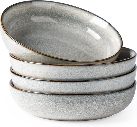 GBHOME 9'' Large Ceramic Pasta Bowls, 38oz Stoneware Pasta Serving Bowls Set of 4 for Kitchen, Wide Bowls for Fruit,Pasta,Salad,Oatmeal,Meal, Microwave Safe, Reactive Glaze-Green Wheat