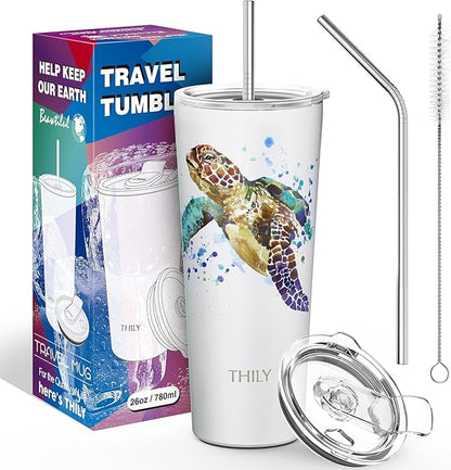 THILY Stainless Steel Vacuum Insulated Tumbler Travel Mug 26 oz Coffee Cup with 2 Lids and Straws, Splash Proof, Keep Ice Drinks Cold, Sea Turtle