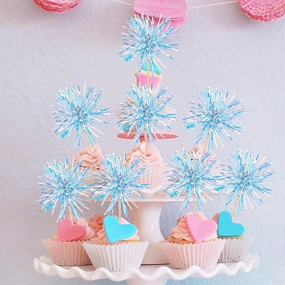 30 PCS Foil Firework Cupcake Toppers Happy Birthday Cupcake Toppers Sparkle Tinsel Flower Drink Stirrers Cocktail Fruit Toothpicks for Valentine's Day Baby Shower Party Cake Decor Supplies Blue