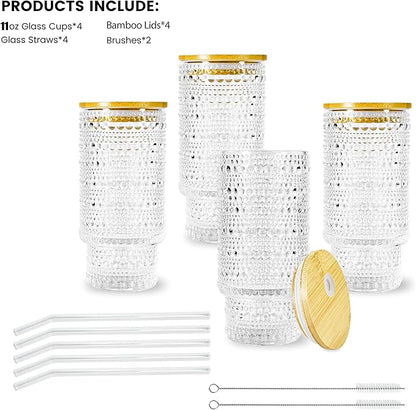4 Pcs 11 oz Drinking Glasses Cups Set with Bamboo Lids Straws Brush Small Drinking Glassware Set for Juice Iced Coffee Cocktail Whiskey(Hobnail*4)