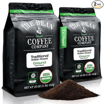 The Bean Organic Coffee Company Il Chicco (Traditional Italian Roast), Dark Roast, Ground Coffee, 16-Ounce Bags (Pack of 2),Café molido tostado organico
