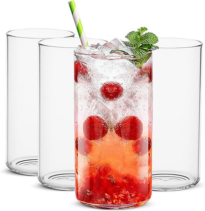 BaveL Thin Highball Glasses Set of 4,19oz Cocktail Glass Set,Tall Drinking Glasses for Water,Juice,Milk,Cocktails,Beer and More,Elegant Bar Glassware,Lead-Free Pint Glasses,Glass Drink Tumblers