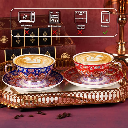 KAMMAK Tea Cups and Saucers Set of 2, Porcelain Coffee Cups with Saucer for Espresso, Cappuccino, 8oz Vintage Red and Blue Ceramic Demitasse Mug for Home, Tea Party, Office