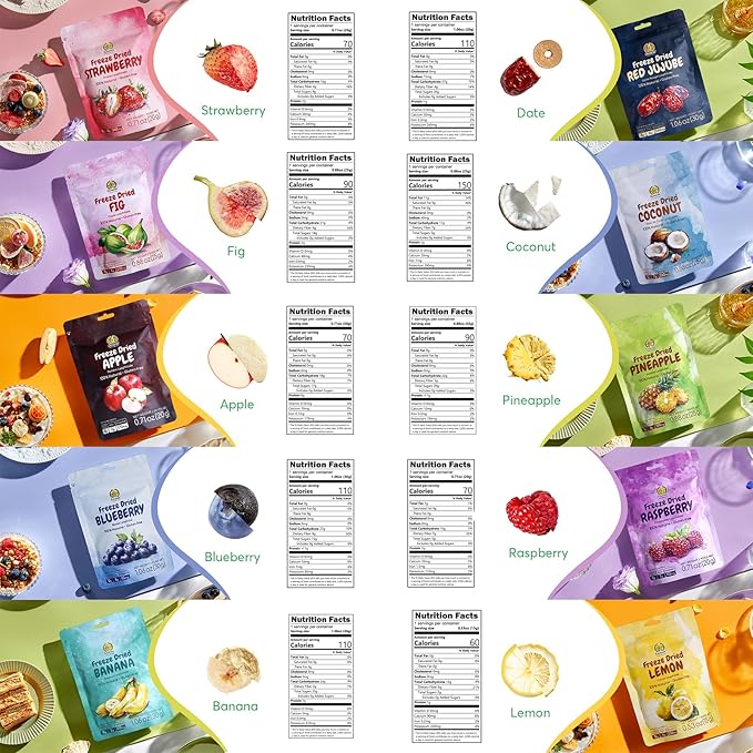 SUNGIVEN Mixed Freeze Dried Fruit, Variety Pack of 12 Single Bag, Health Snack, Freeze-Dried Apple Banana Strawberry Blueberry Raspberry Coconut Mango Pineapple, No Sugar Added, 10.2 oz