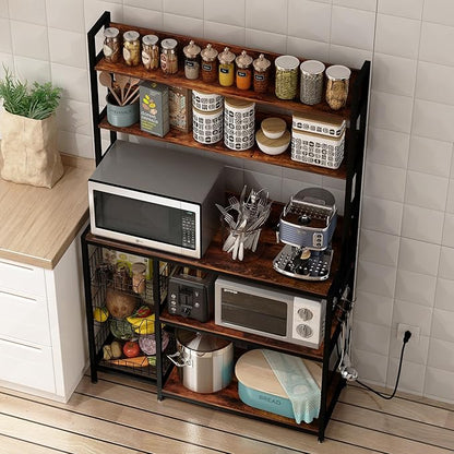Bakers Rack with Baskets and Power Outlet, 5-Tier Kitchen Utility Storage Shelf with Hooks, Microwave Oven Stand Rack, Vintage Brown Free Standing Kitchen Shelf