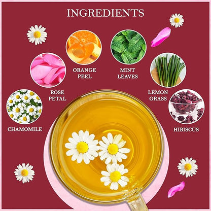 Tealeaf & Co. Chamomile Rose Citrus Herbal Tea Bags - Organic Chamomile Tea Bags with Rose Petals, Orange Peel, Lemon Grass, Hibiscus & Mint Leaves - Low Caffeine - Gluten Free - 50 Teabags